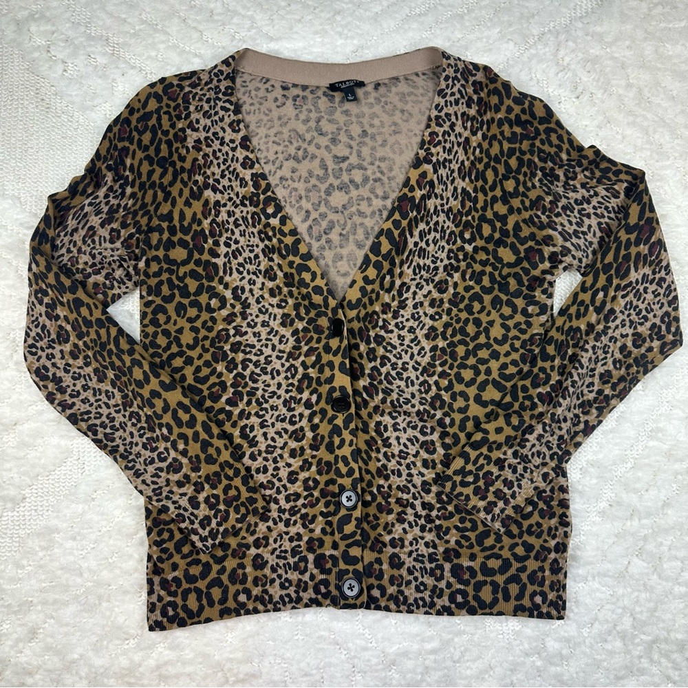 Talbots Cardigan Sweater Womens Sz Large Brown Black Leopard Print Wool Blend